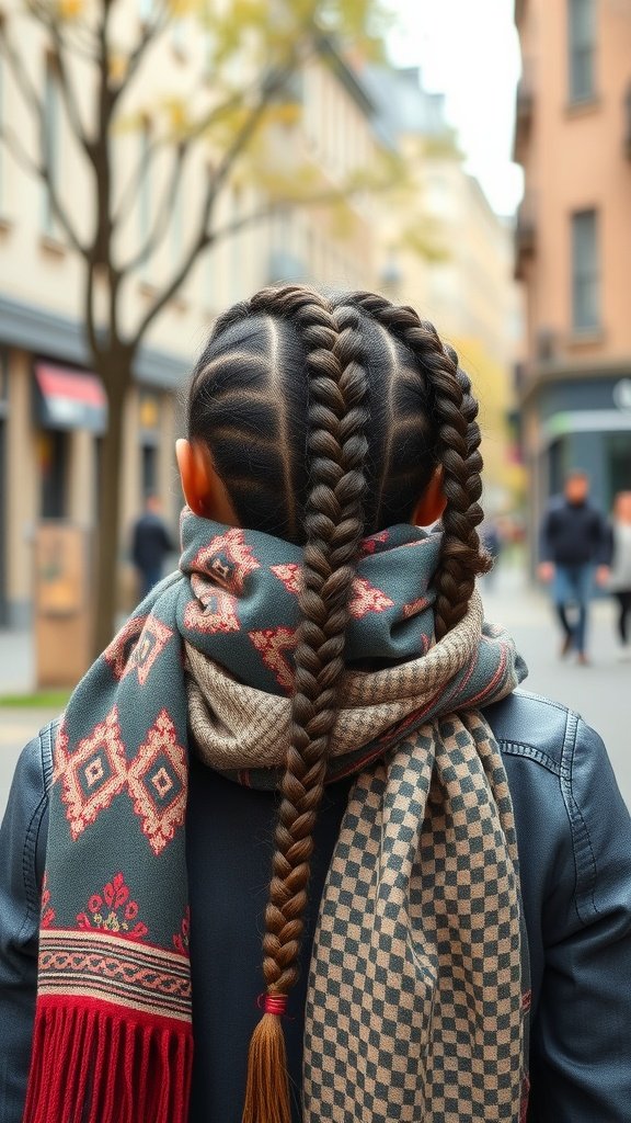 A person with medium knotless braids accessorized with colorful scarves, showcasing a stylish urban look.