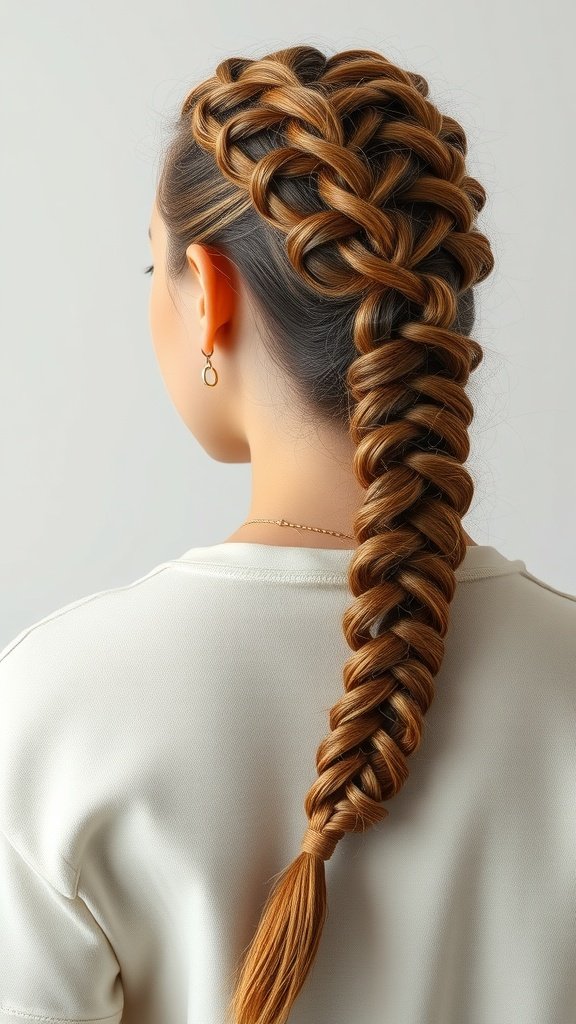 A close-up view of a woman with asymmetrical knotless braids styled elegantly down her back.