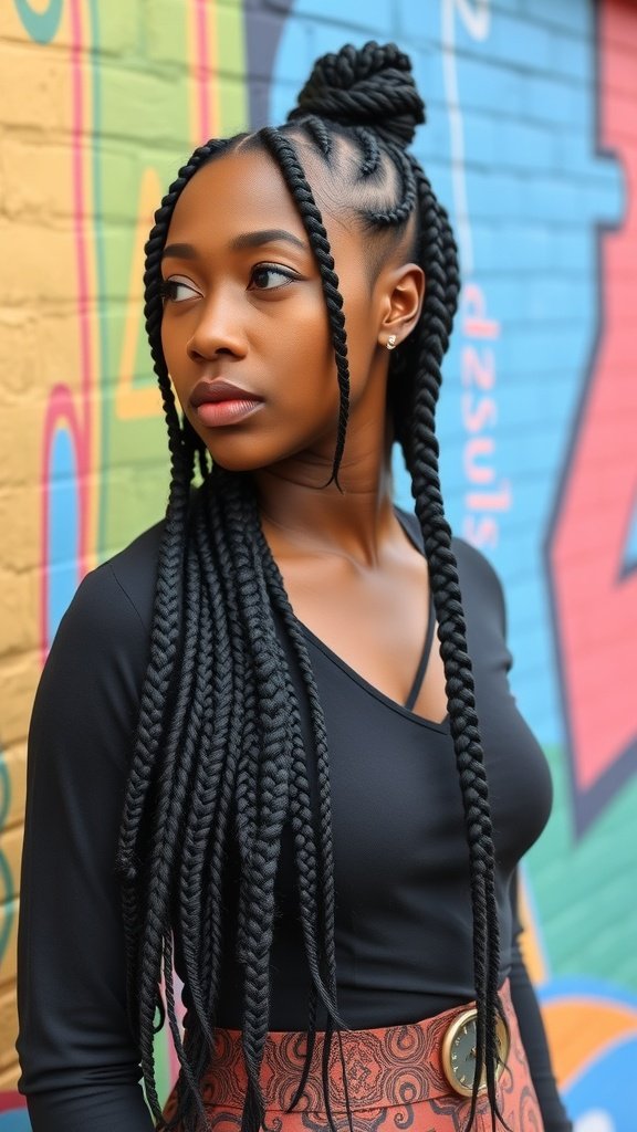 A woman with asymmetrical medium knotless box braids styled with a top knot against a colorful mural.