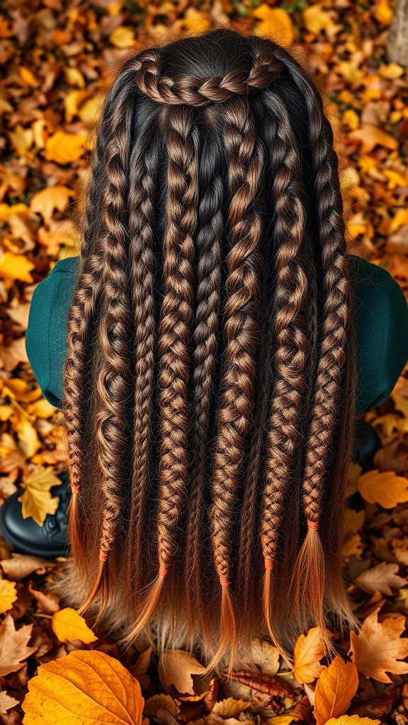 A close-up view of knotless braids styled in autumn colors, surrounded by fallen leaves.