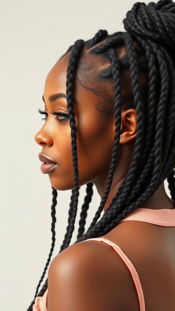 A model showcasing beachy waves with jumbo knotless box braids, highlighting a stylish and relaxed look.