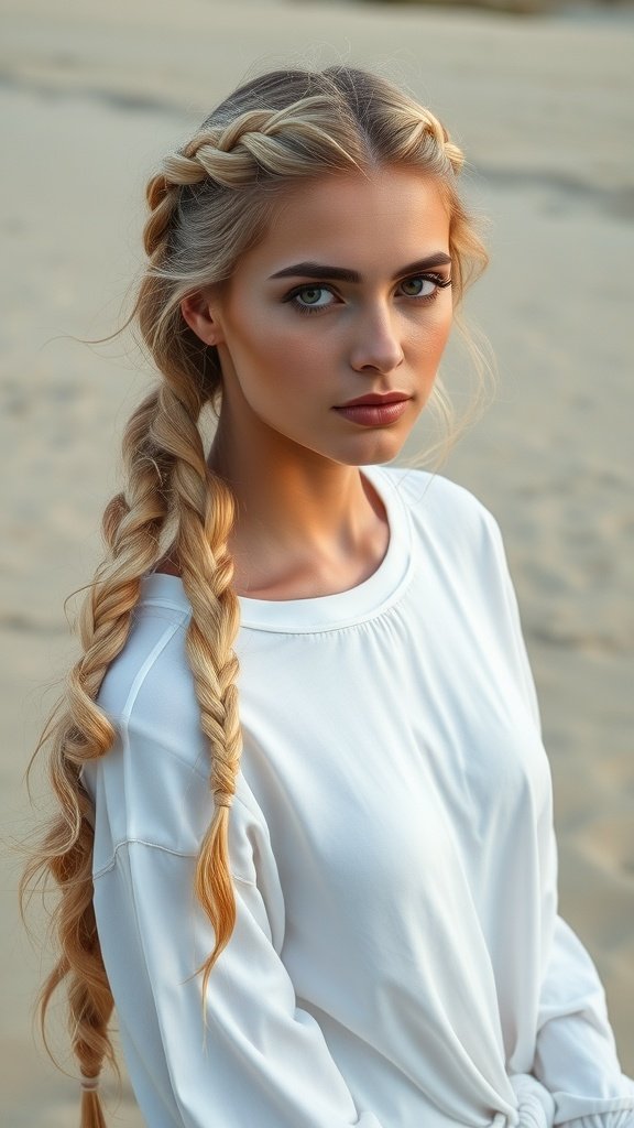 A blonde woman with knotless braids and beachy waves, wearing a white top, against a sandy background.