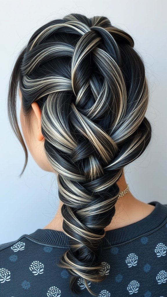 A close-up view of black and silver ombre knotless braids styled elegantly.