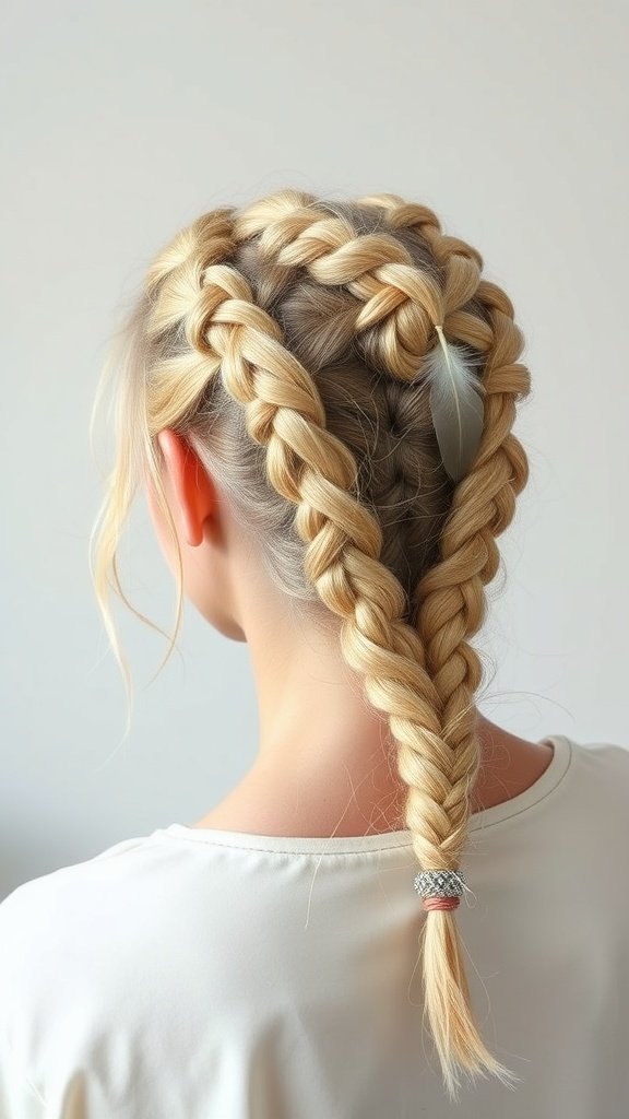 Blonde knotless braids styled with feathers