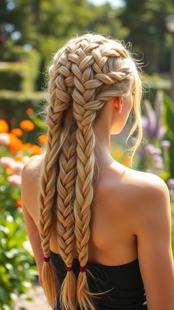 A woman with blonde ombre knotless braids styled elegantly, showcasing intricate patterns against a floral background.