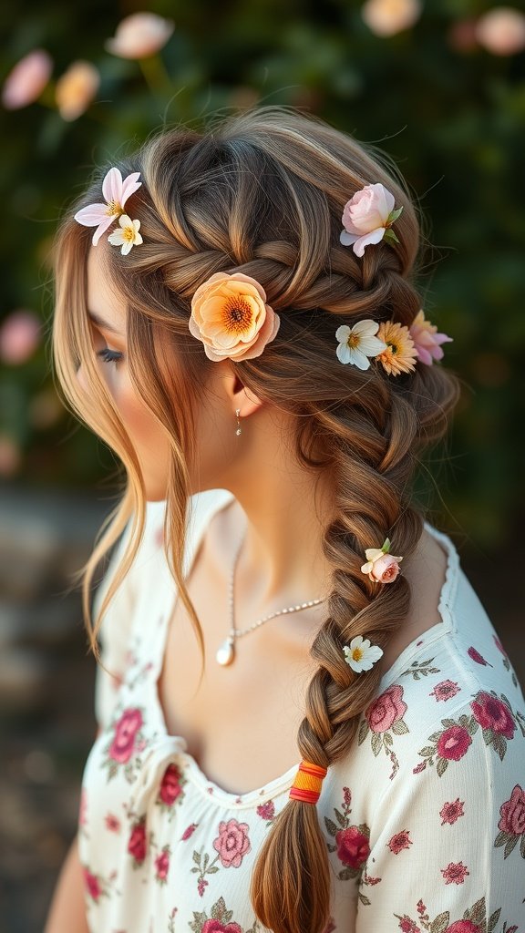 A woman with half-up knotless braids adorned with flowers, showcasing a bohemian hairstyle.