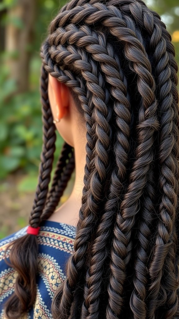 A close-up view of a person's back with bohemian knotless braids and defined curls at the ends.