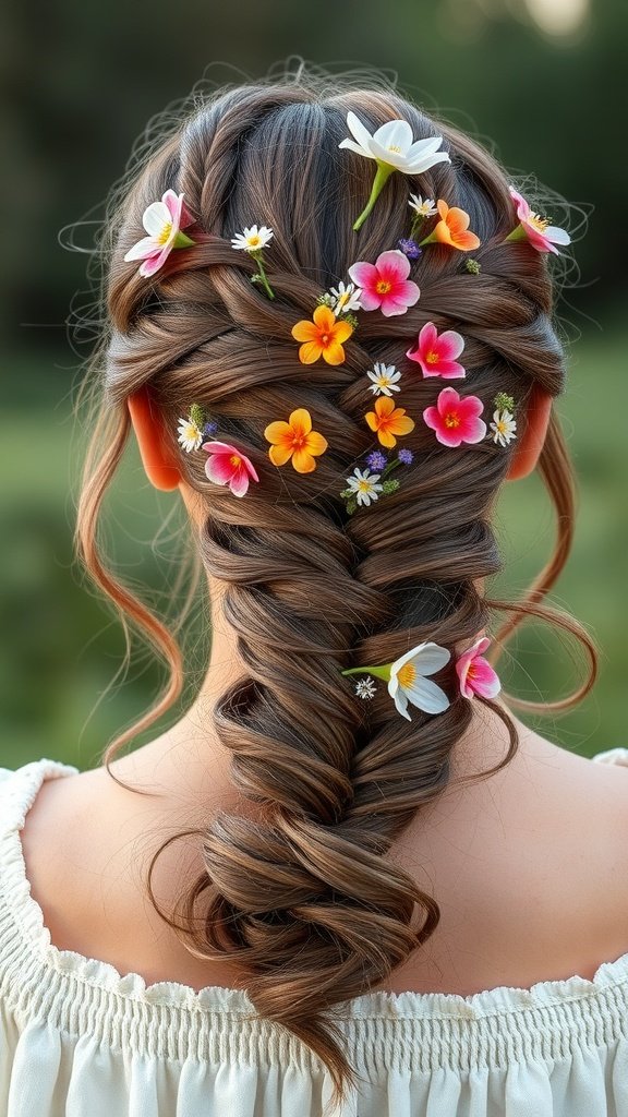 A woman with bohemian knotless braids adorned with colorful flowers.