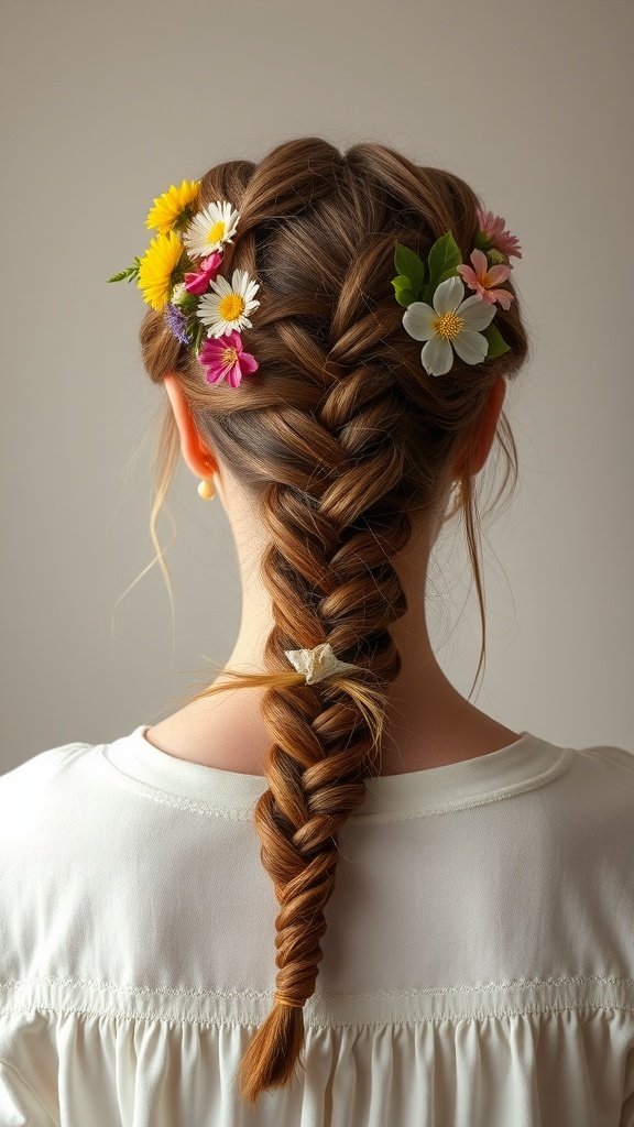 A woman with a braided hairstyle adorned with colorful flowers.