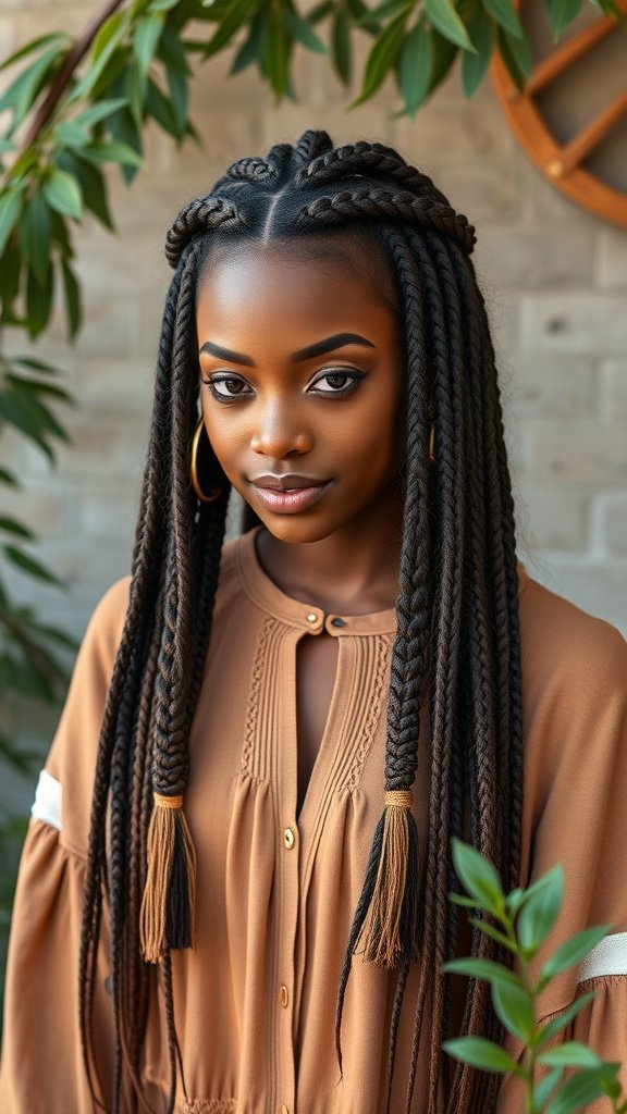 A woman with medium knotless box braids styled in a bohemian fashion, featuring tassels at the ends.