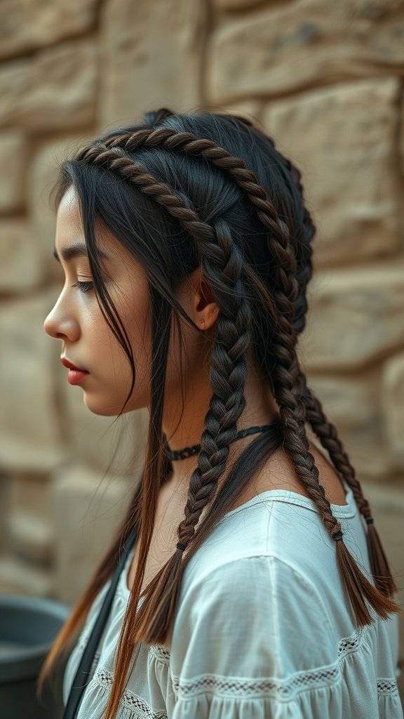 A woman with medium knotless braids styled in a bohemian fashion, showcasing a relaxed and chic hairstyle.