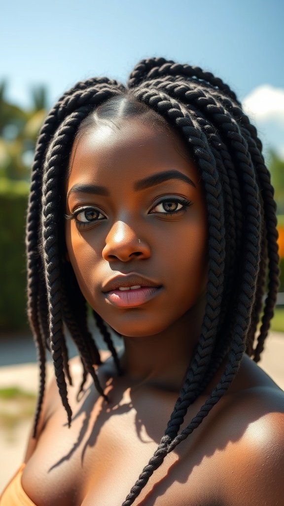 A close-up of a person with vibrant jumbo knotless box braids, showcasing the hairstyle's beauty and texture.