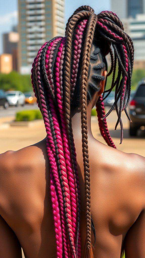 A person with bold pink and brown knotless box braids styled in a unique way.