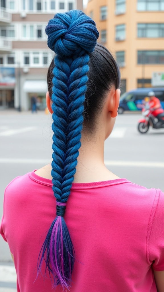 A person with bold blue and purple knotless braids styled in a long braid with a bun on top.
