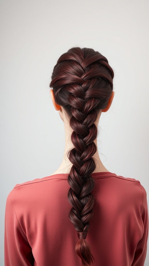 A woman with bold burgundy knotless braids styled elegantly.