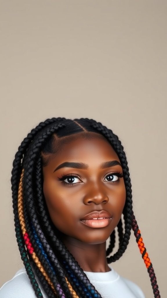 A close-up of a person with bold color block jumbo knotless braids featuring vibrant colors.