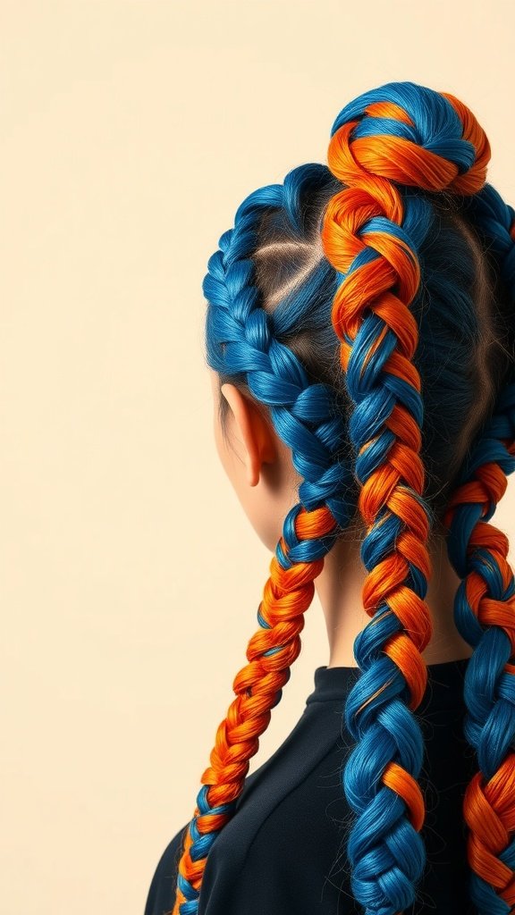 A person with bold blue and orange color block knotless braids styled in a unique way.