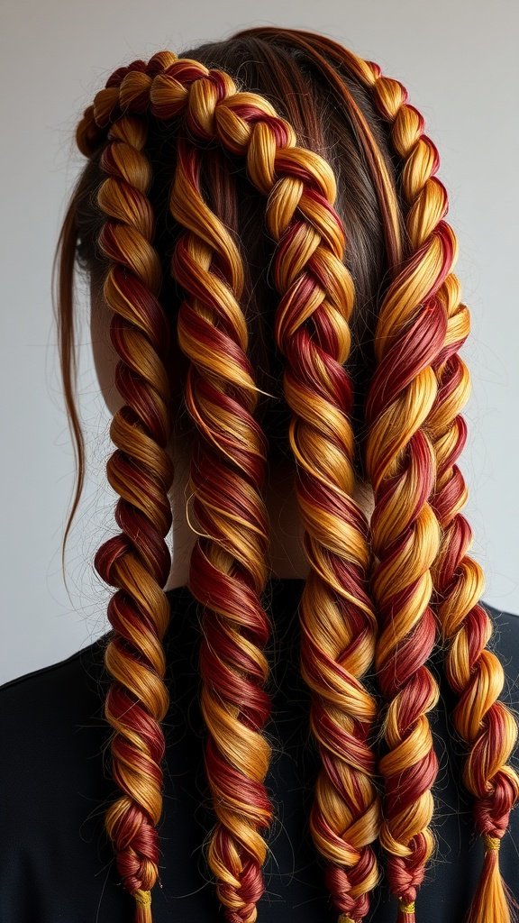 A close-up of knotless braids featuring bold gold and red highlights.