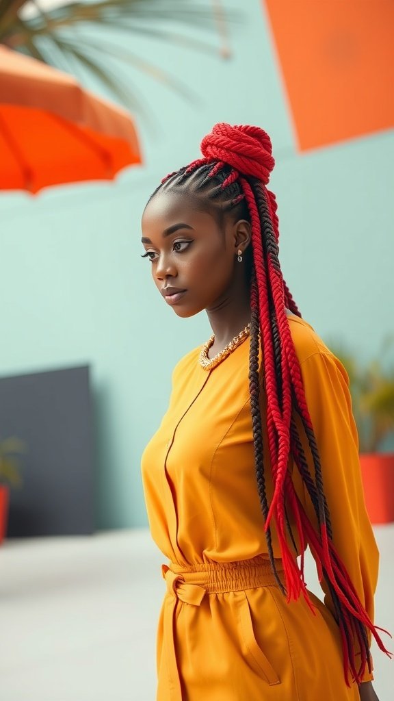 A woman with bold red knotless box braids styled in a bun, wearing a yellow outfit.