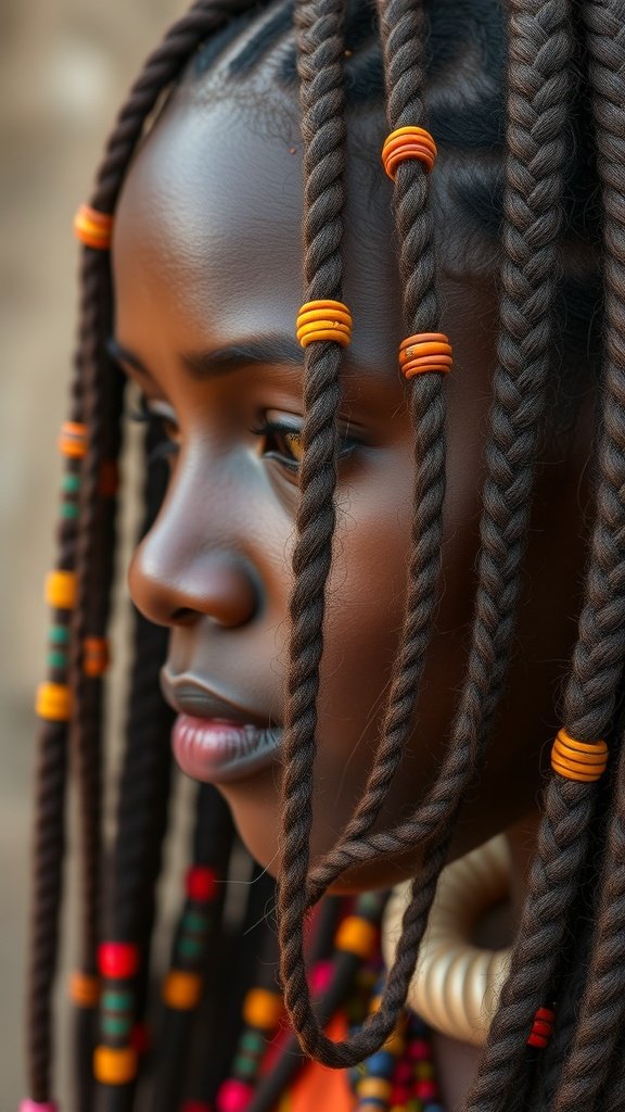 A close-up of a person with bold knotless braids decorated with colorful beads.