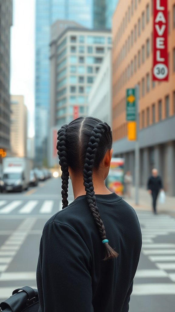 A person with two long boxy knotless braids standing on a city street.