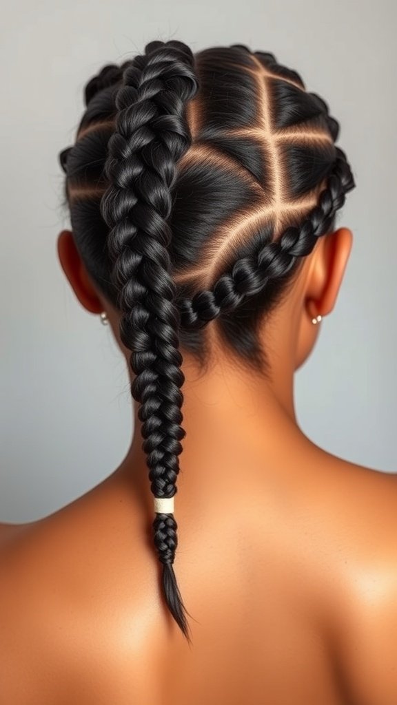 A close-up of a woman's back showcasing boxy knotless braids with a modern twist.