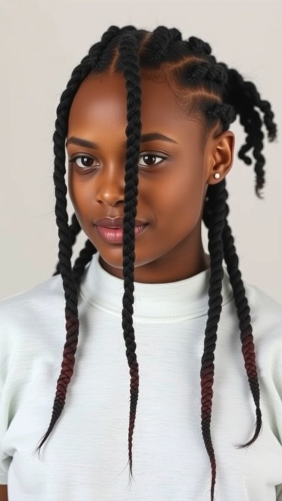 A young person with boxy medium knotless braids, showcasing a neat and stylish hairstyle.