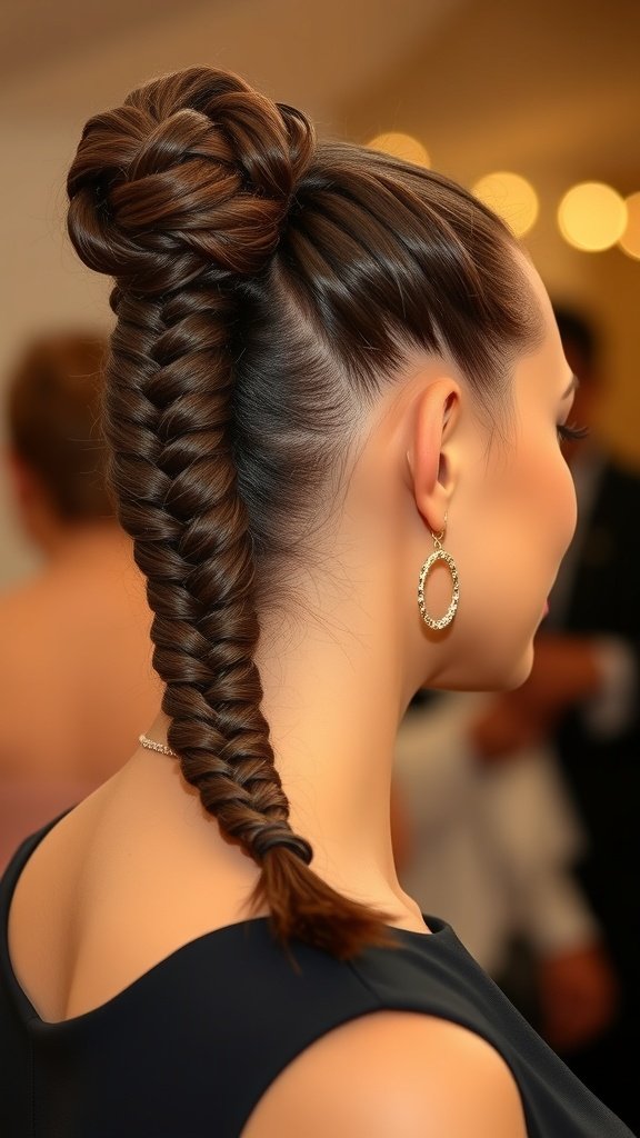 A woman with a braided bun featuring knotless braids, showcasing a sleek and elegant hairstyle.