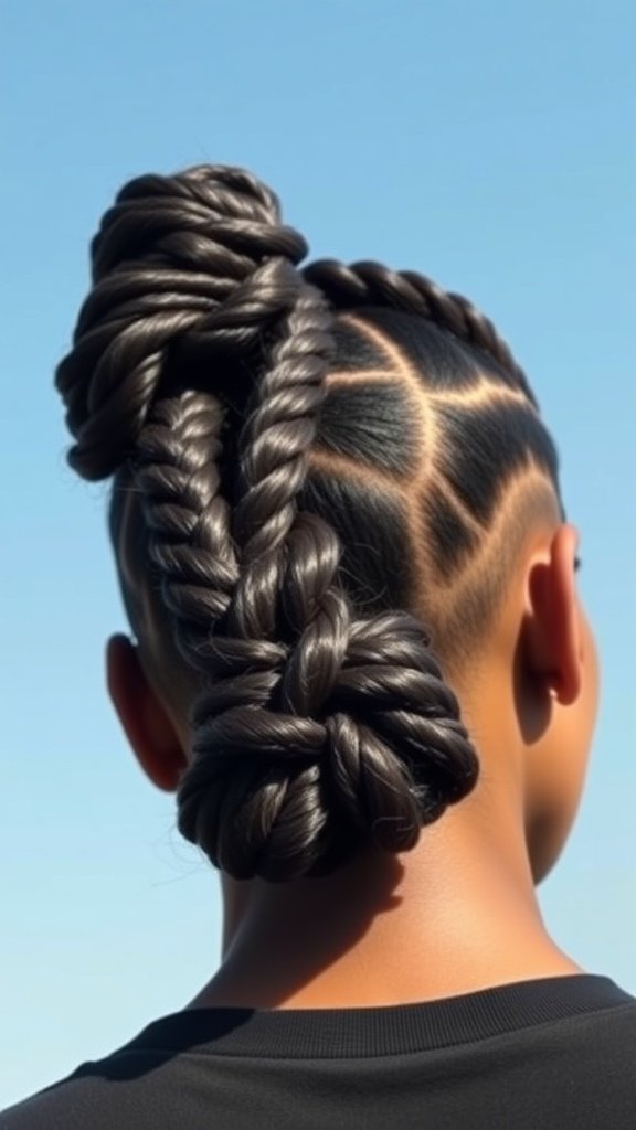 A stylish braided bun created with medium knotless box braids, showcasing a unique design against a clear blue sky.