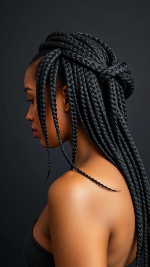 A woman with jumbo knotless box braids styled in a braided crown, showcasing elegance and beauty.