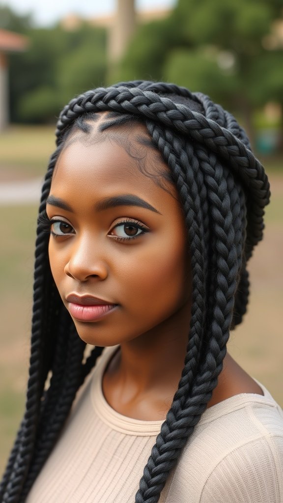 A close-up of a woman with medium knotless box braids styled in a braided crown.