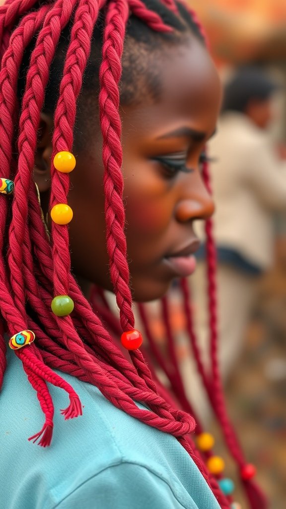 A close-up of a person with bright cherry knotless braids, adorned with colorful beads.