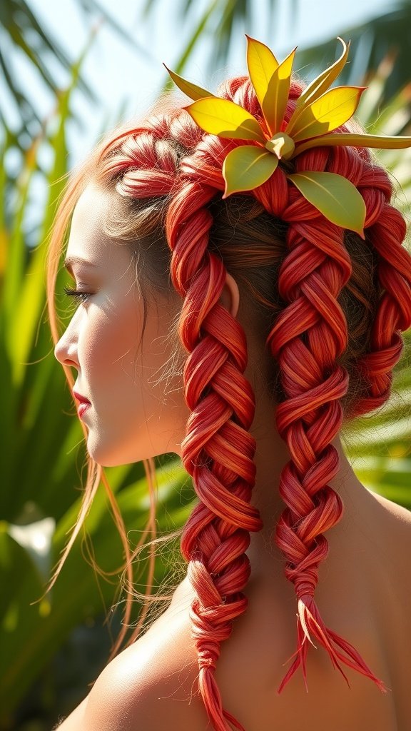 A woman with bright coral knotless braids styled with green leaves.