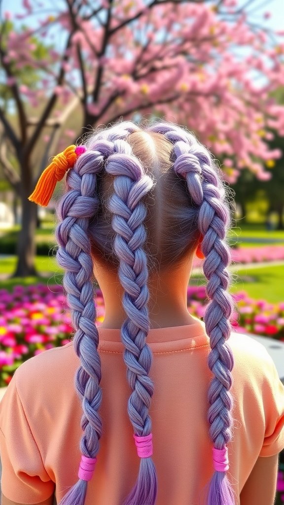 A girl with bright lavender knotless braids, adorned with colorful hair ties, standing in a flower garden.