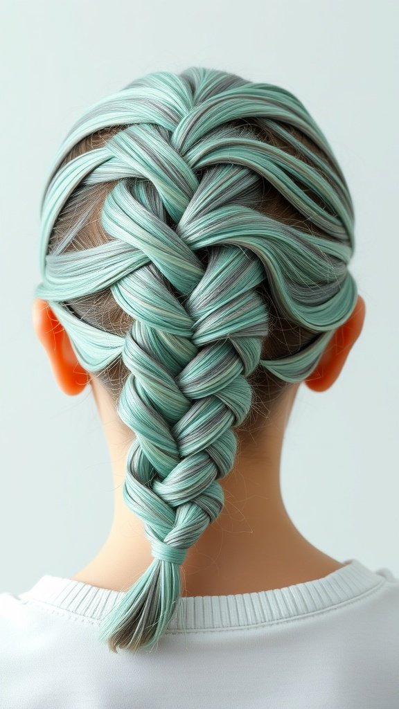 A close-up view of bright mint knotless braids styled in a neat braid.