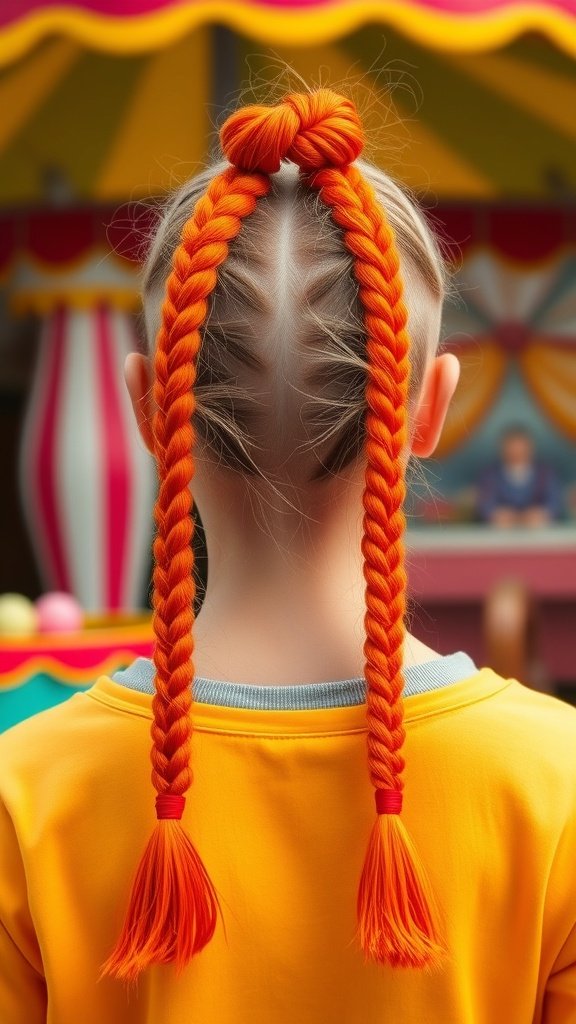 A girl with bright orange knotless braids styled in two long sections with tassels.