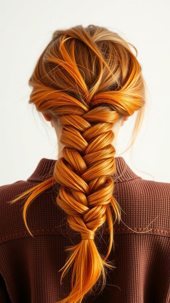 A close-up view of burnt orange knotless braids styled elegantly.