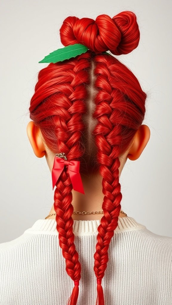 Back view of a person with candy apple red knotless braids styled with a bun and accessories.