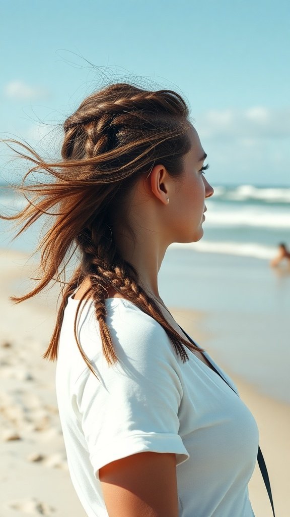 A woman with casual beachy knotless braids standing by the ocean.