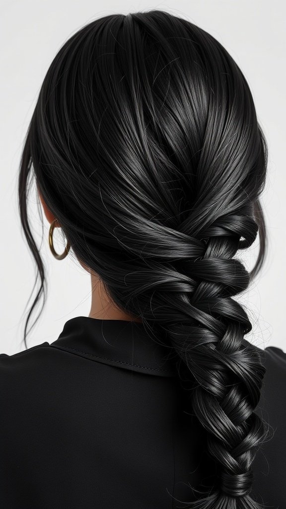 A close-up view of charcoal black knotless braids styled elegantly.