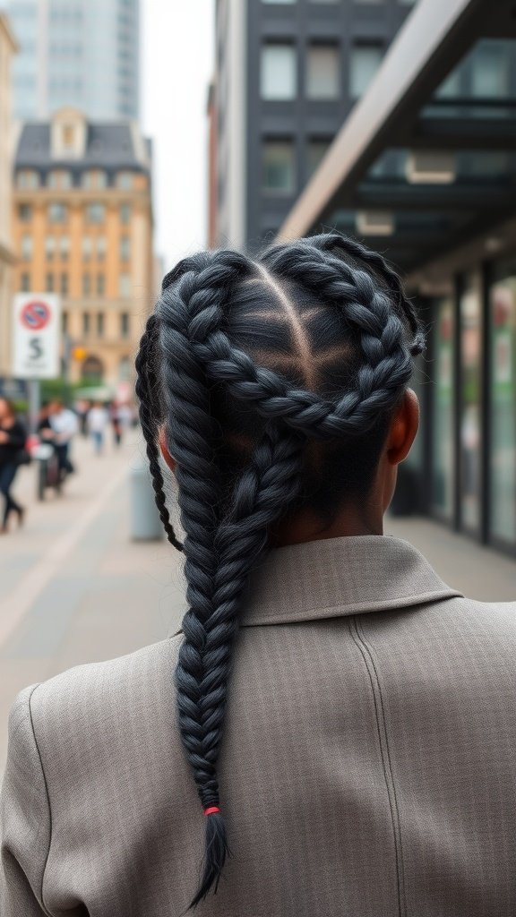 A person with charcoal grey knotless braids styled in a chic manner, showcasing intricate patterns.