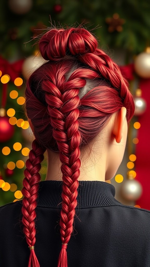 A close-up view of cherry red knotless braids styled in a bun and two long braids, set against a festive background.
