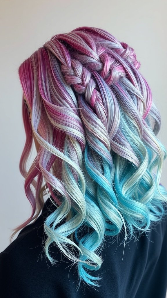 A stylish bob-length knotless braid hairstyle with vibrant pink and blue colors, featuring curly ends.