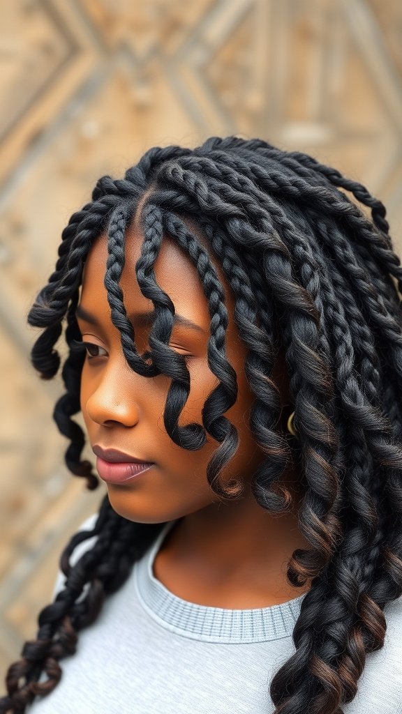A close-up of a woman with short knotless braids and bouncy curly ends, showcasing a stylish hairstyle.