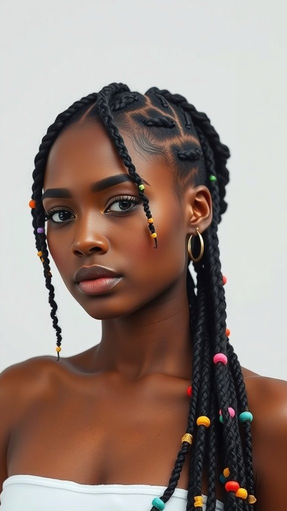 A woman with medium-length knotless braids adorned with colorful beads, showcasing a chic hairstyle.