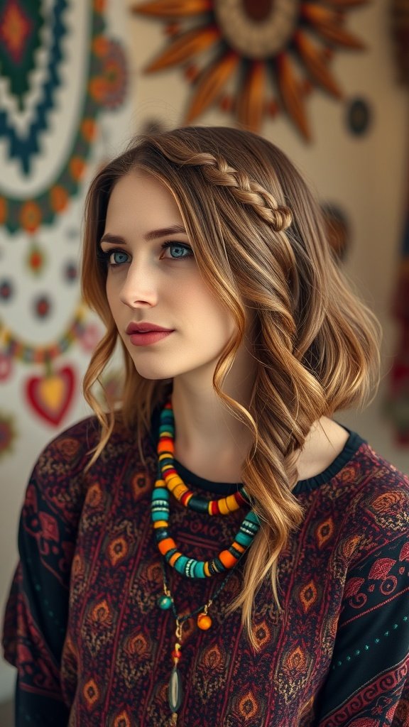A woman with shoulder-length knotless braids, wearing a colorful necklace, with a bohemian background.