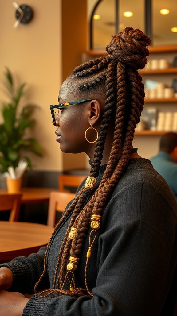 A woman with chocolate and honey knotless braids styled in a bun, adorned with golden accessories.