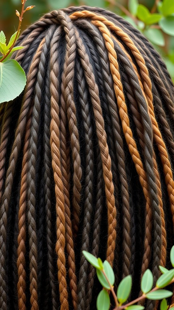 Close-up of chocolate brown and honey knotless braids