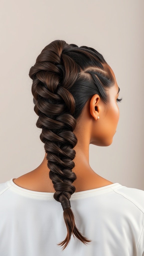 A close-up of chocolate brown knotless braids styled elegantly.