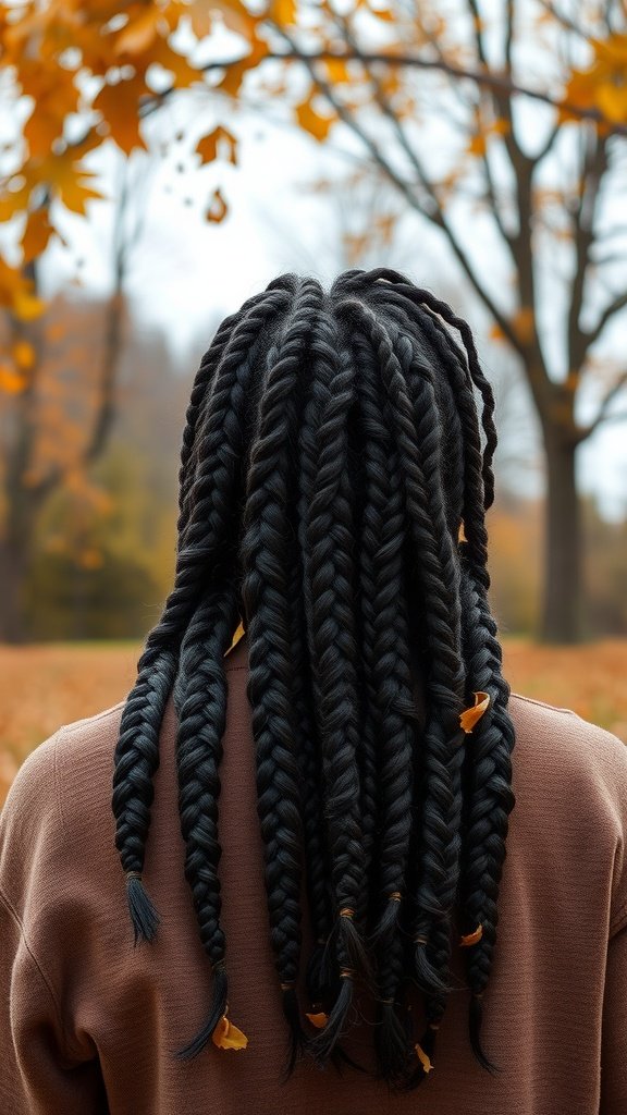 A person with chocolate brown knotless braids, showcasing a stylish hairstyle in an outdoor setting.